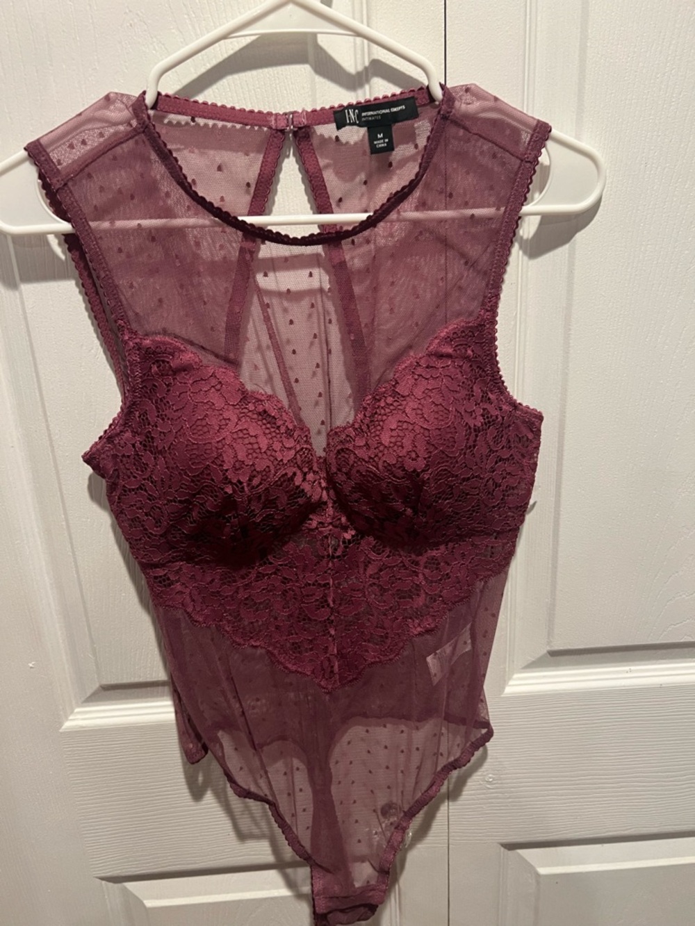 INC International Concepts Burgundy Lace & Sheer Mesh Bodysuit
